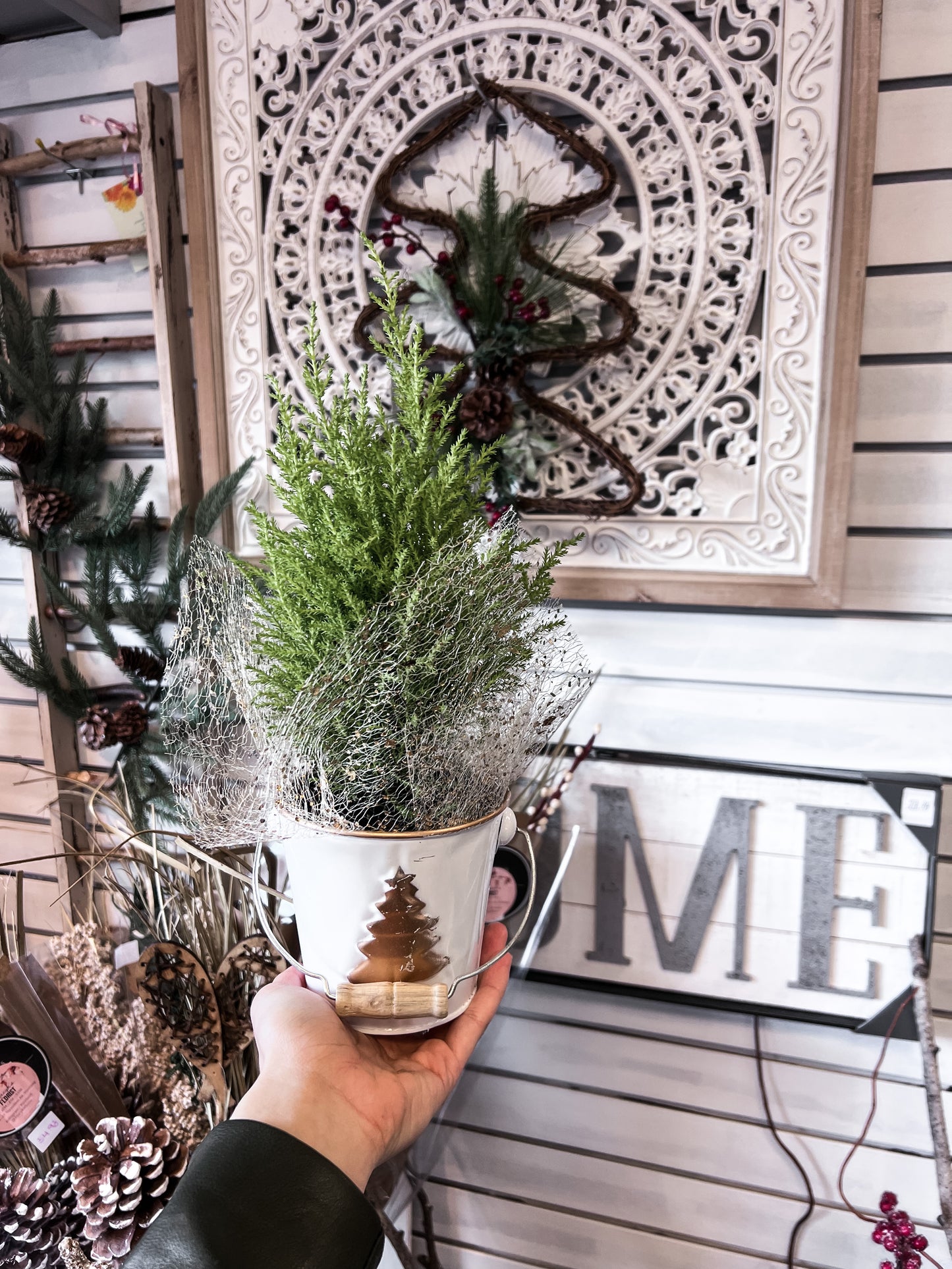 Winter Green Tree In White Gold Pot