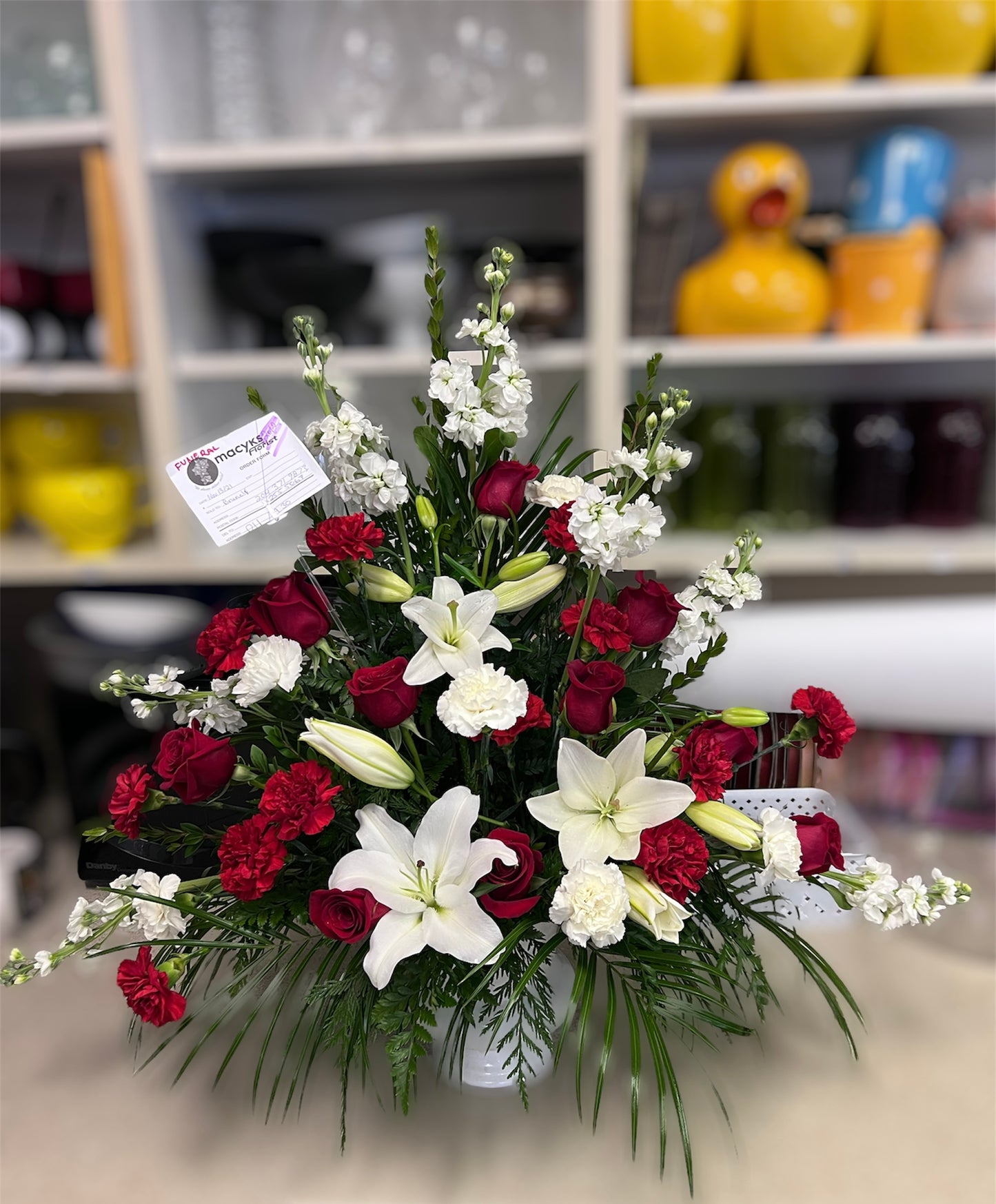 Red Roses & White Memorial Arrangement