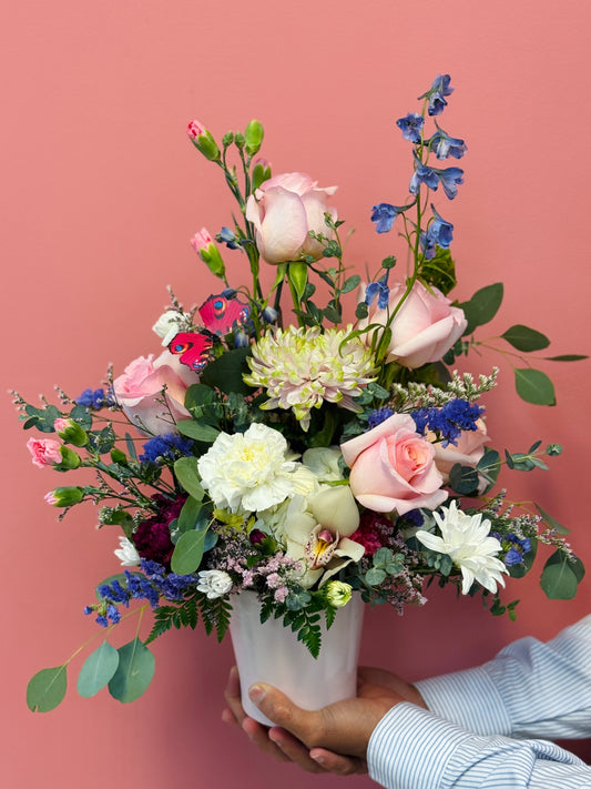 🌸 Soft Elegant Garden Vase Arrangement with butterfly accent