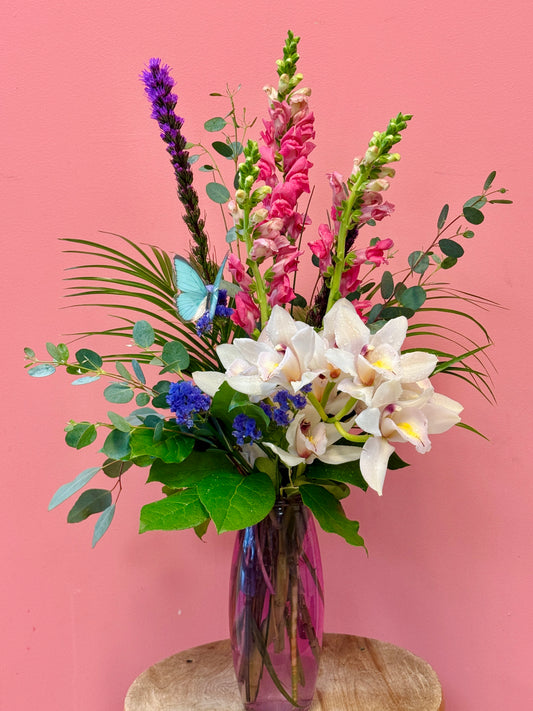 Blushing Beauty Luxe Arrangement with Soft Hues, Butterfly & Orchid Accents