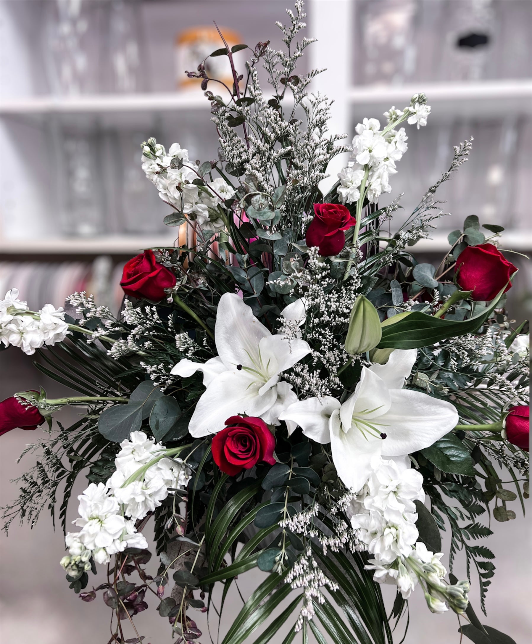Red Funeral Roses Splash of Red Funeral Arrangement – Macyks Florist